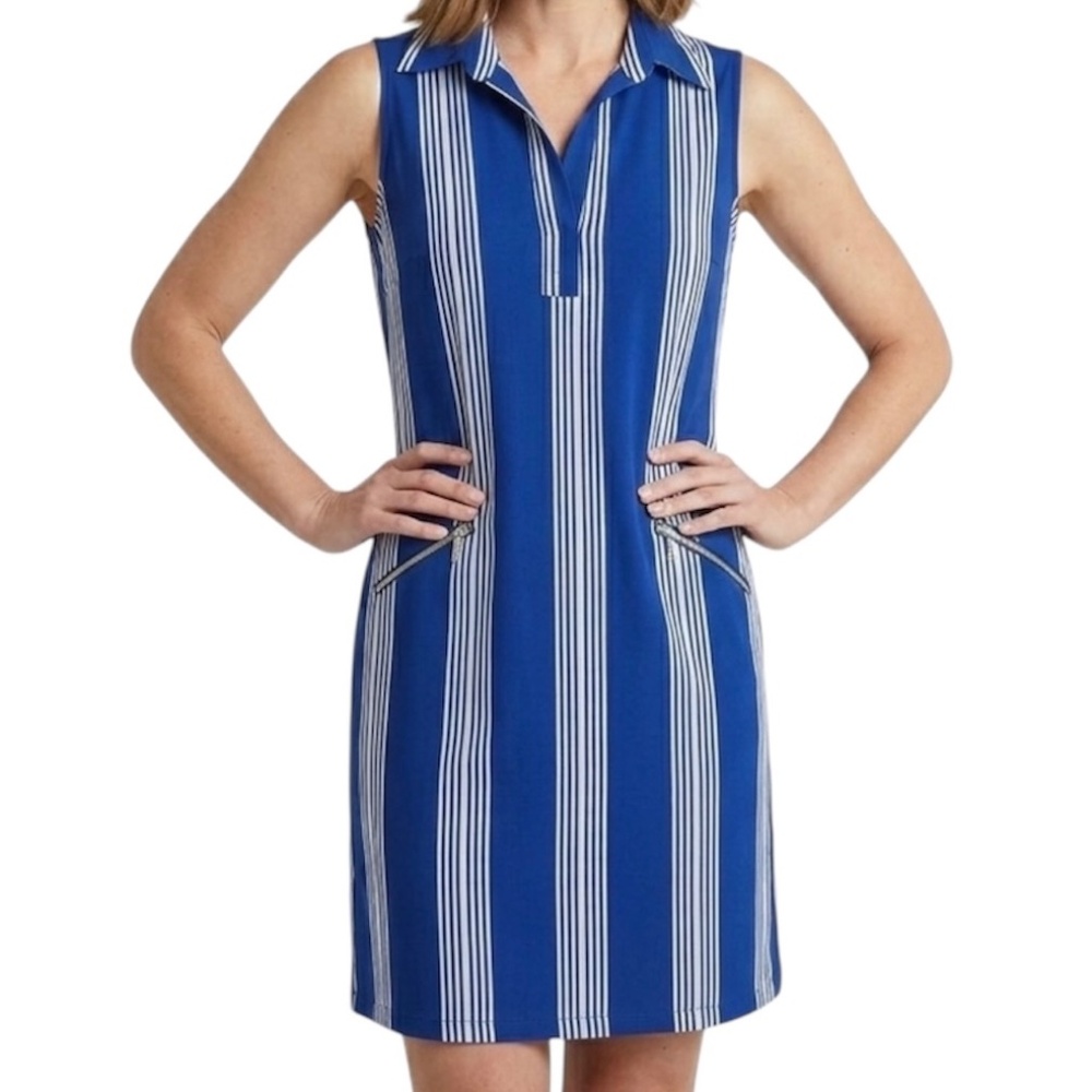 Blue and white vertical striped dress by Enfocus, size 8.